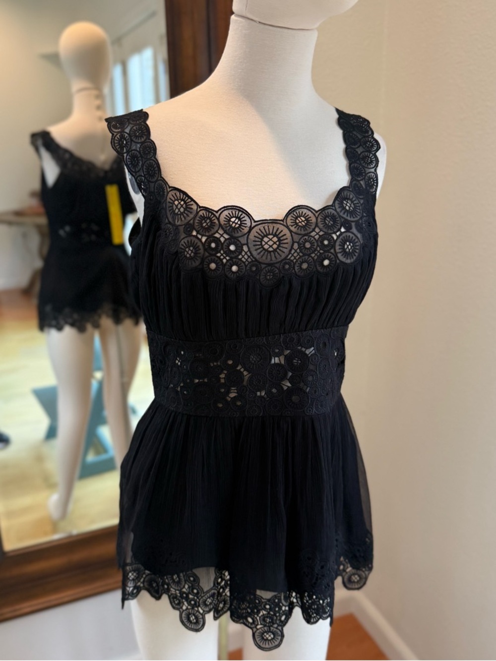 Catherine Malandrino Silk Black Lace-Trimmed Sleeveless Top